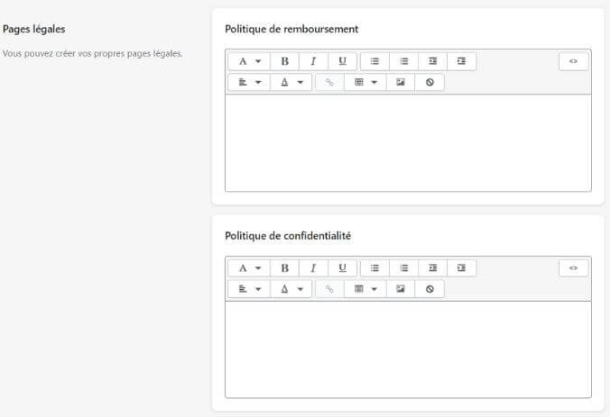 Ajout de textes juridiques Shopify
