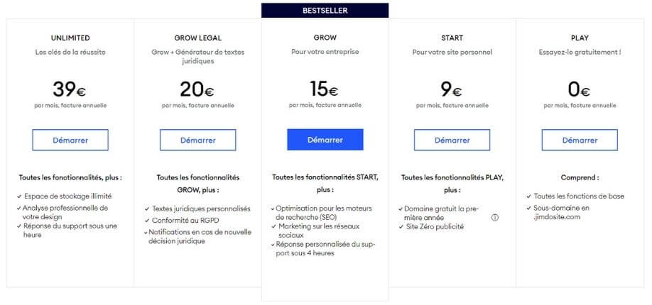 Abonnements pour les sites web Jimdo