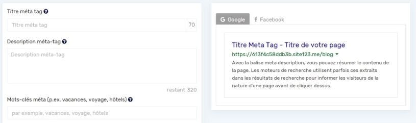 Balises méta avec Site123