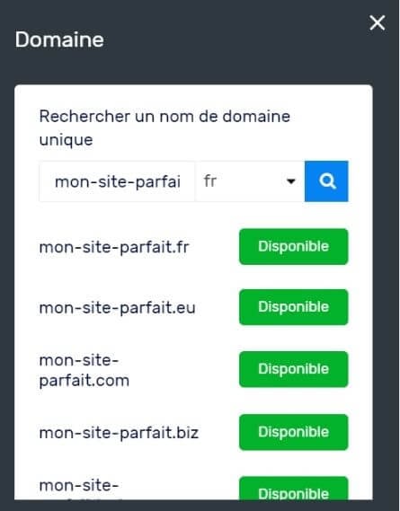 Choix de nom de domaine avec Site123