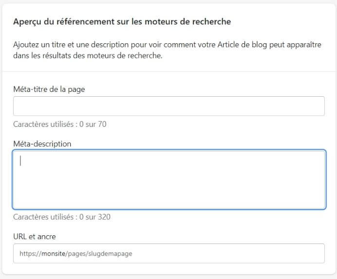 Réglages SEO avec Shopify