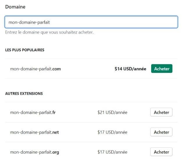 Tarifs des noms de domaine Shopify