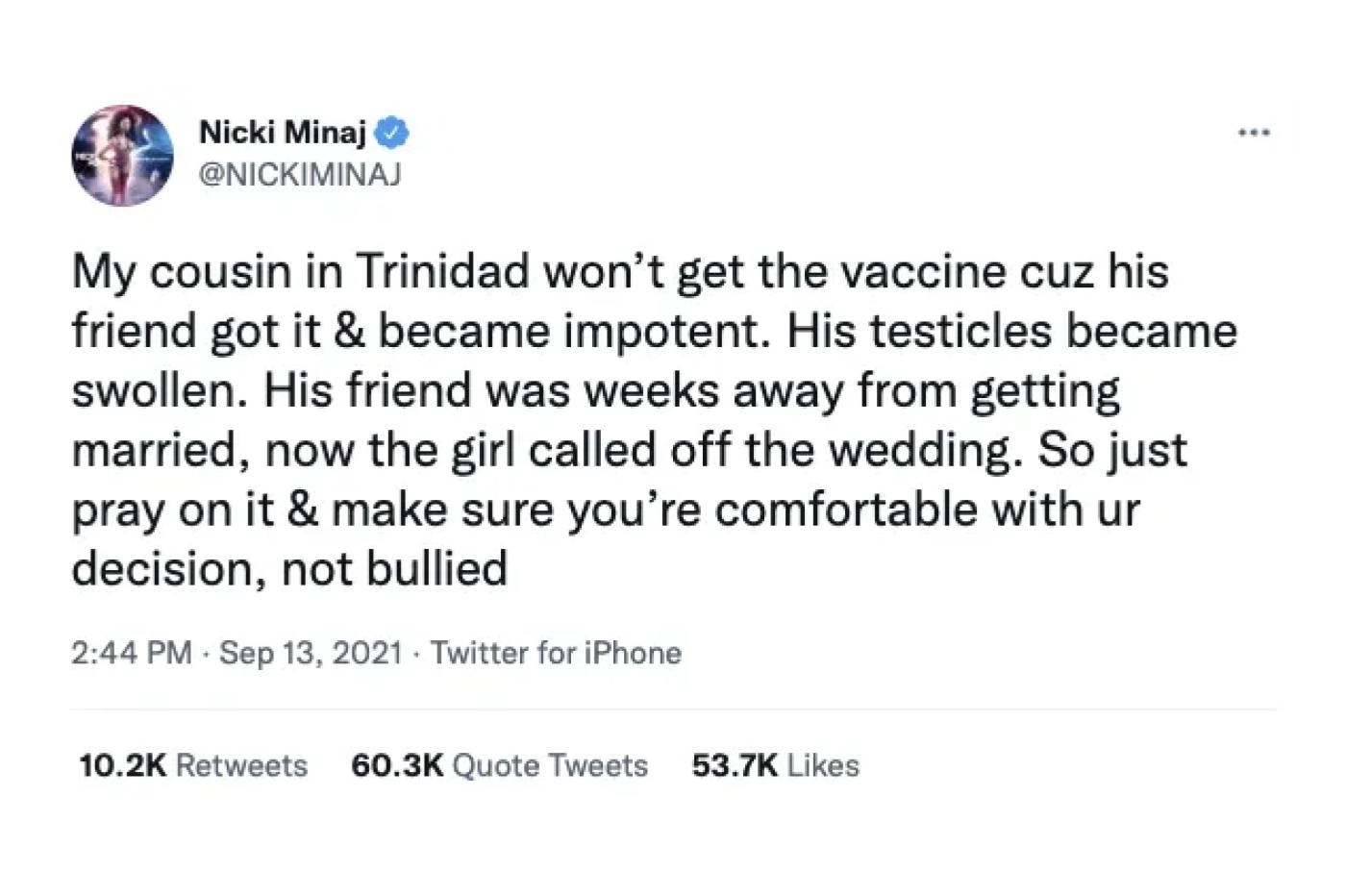 Tweet antivax de Nicki Minaj