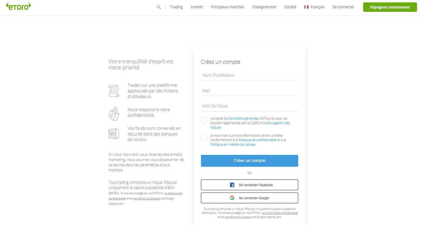 Formulaire création compte eToro