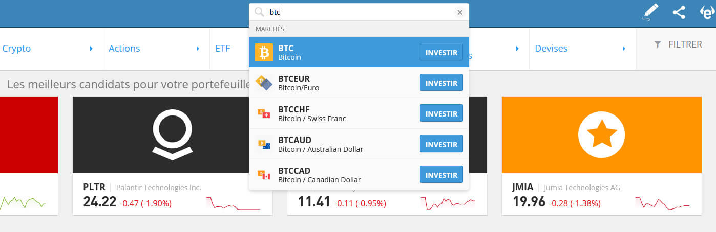 Recherche achat Bitcoin eToro