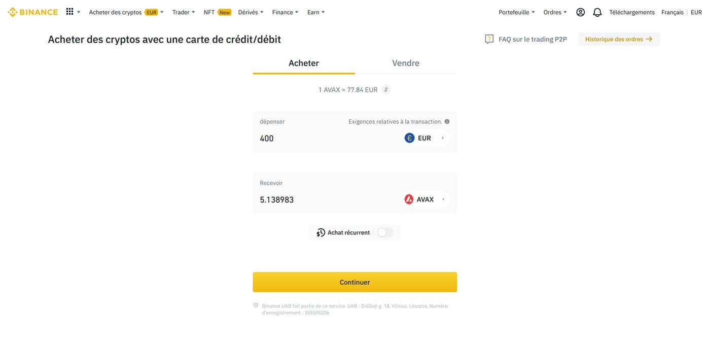 Acheter AVAX Binance Carte Bancaire