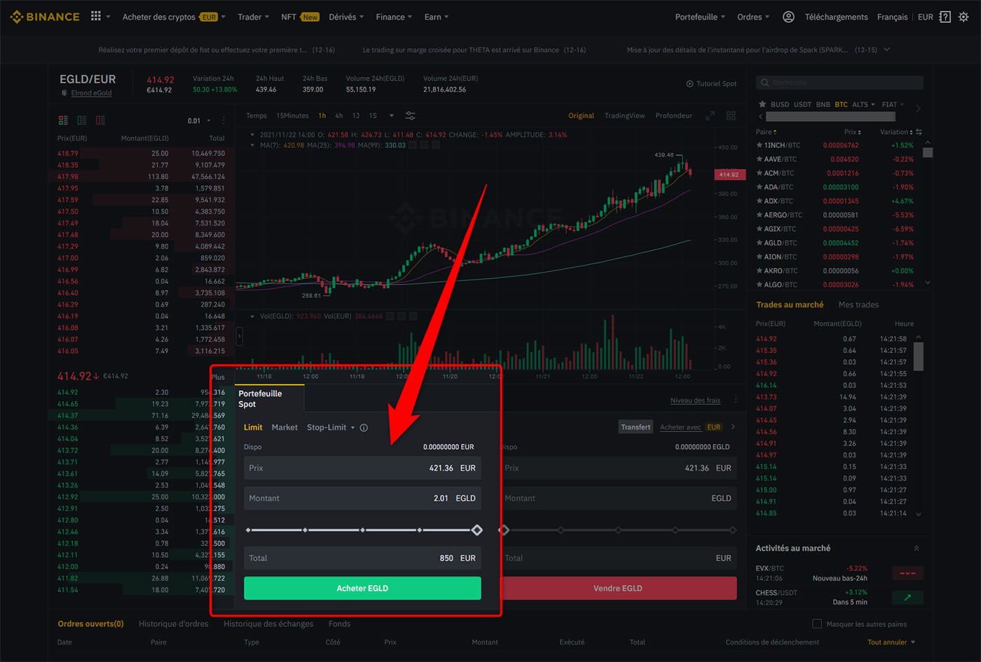 Acheter crypto eGold Elrond Binance