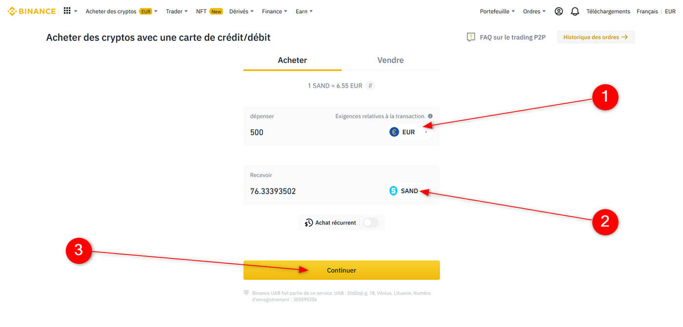 Acheter SAND Sandbox Binance Carte Bancaire