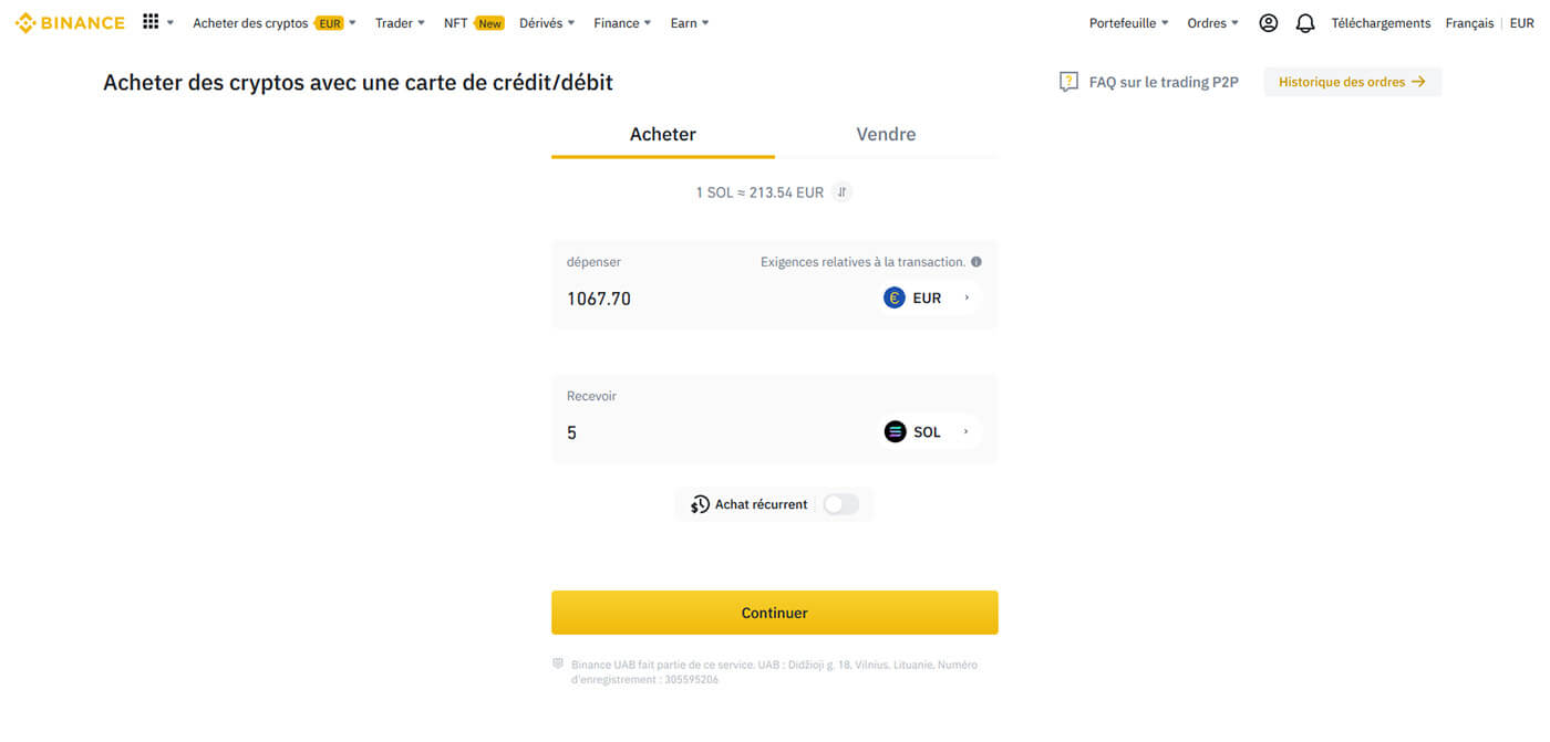 Acheter Solana carte bancaire Binance