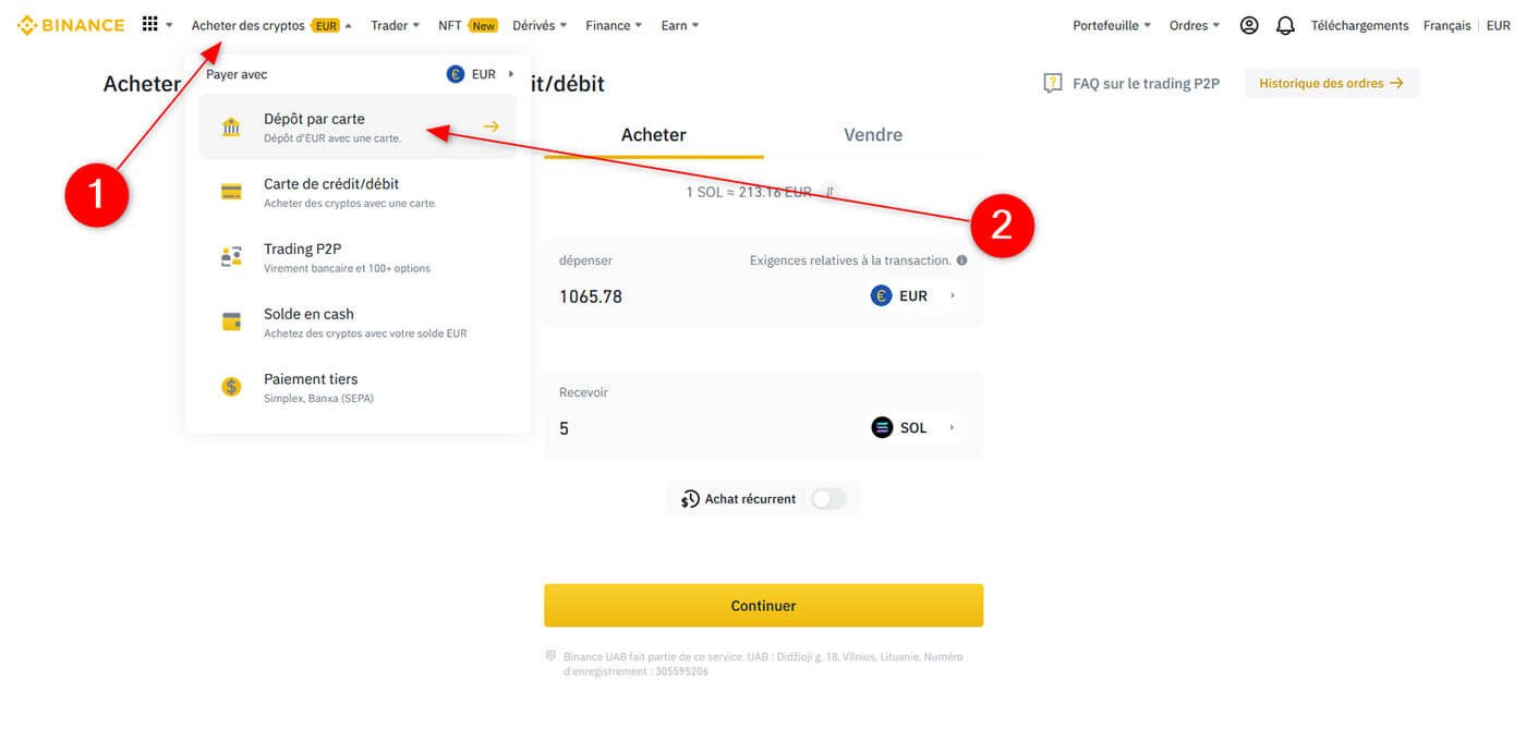 Déposer fonds sur Binance