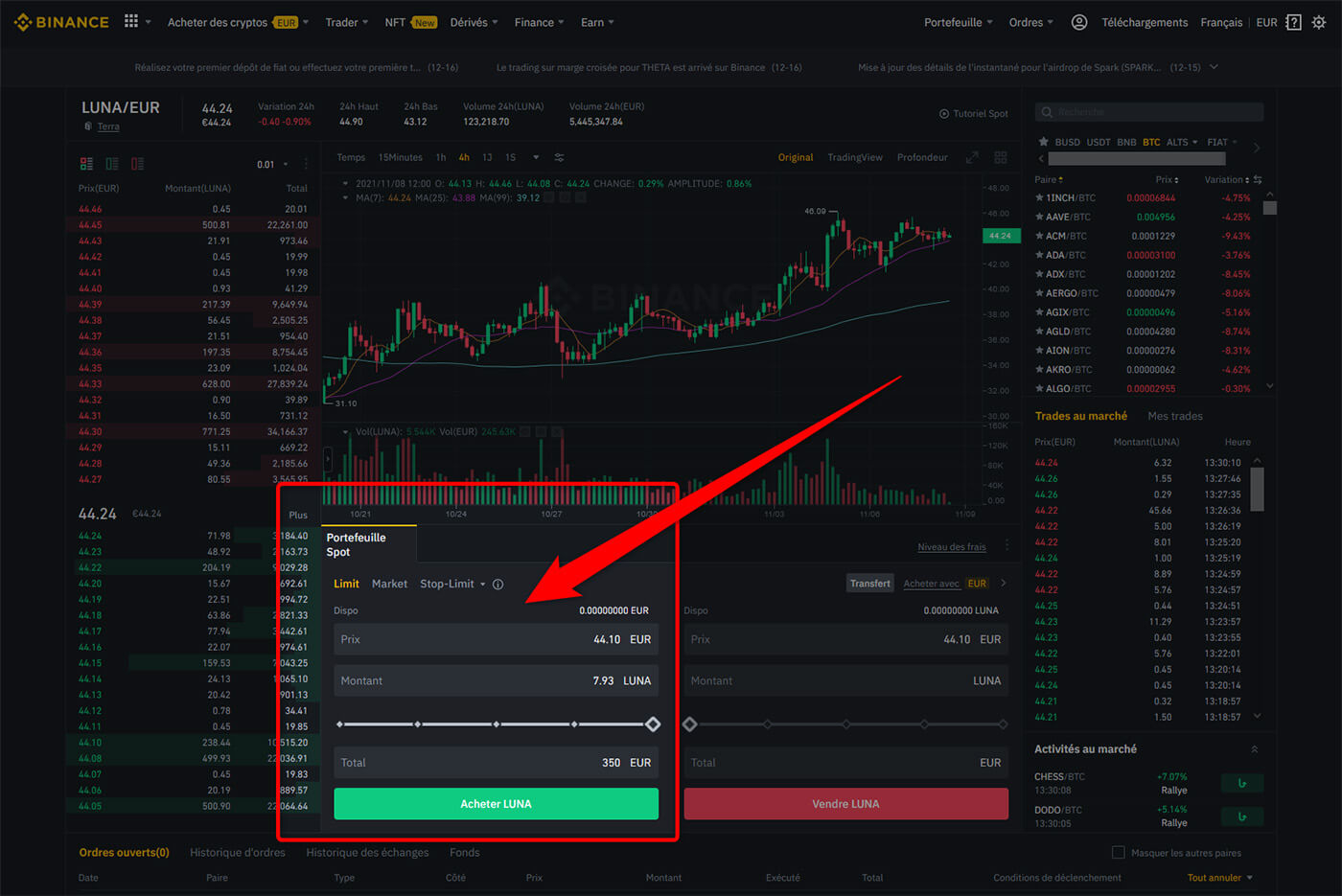 Interface trading LUNA Binance