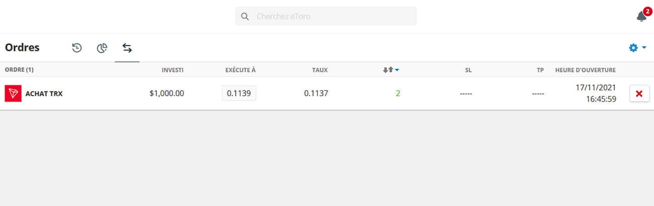 Ordre achat TRX Tron eToro