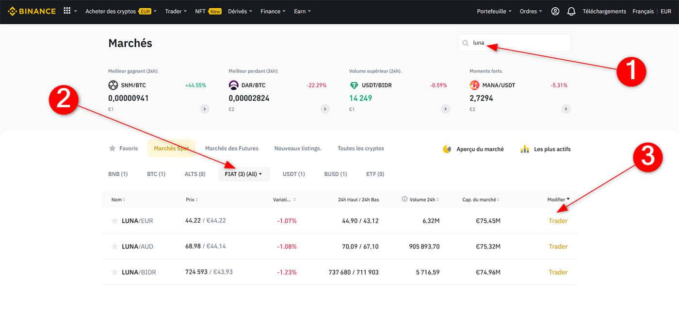 Paires trading LUNA Binance