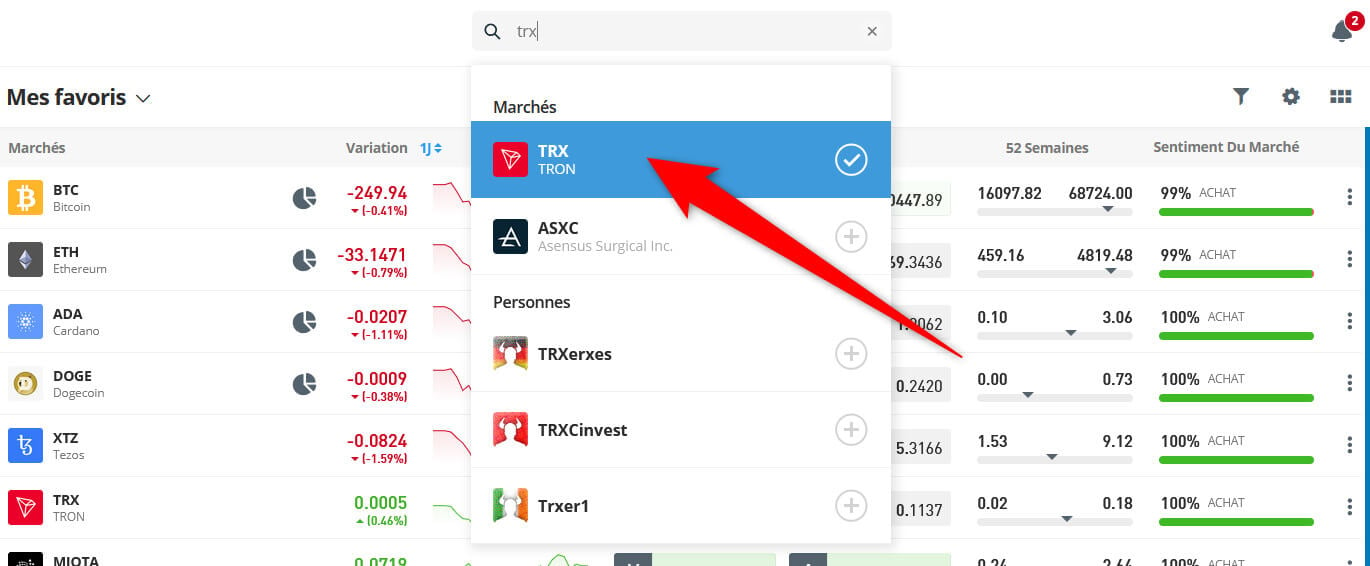 Recherche crypto TRX Tron eToro