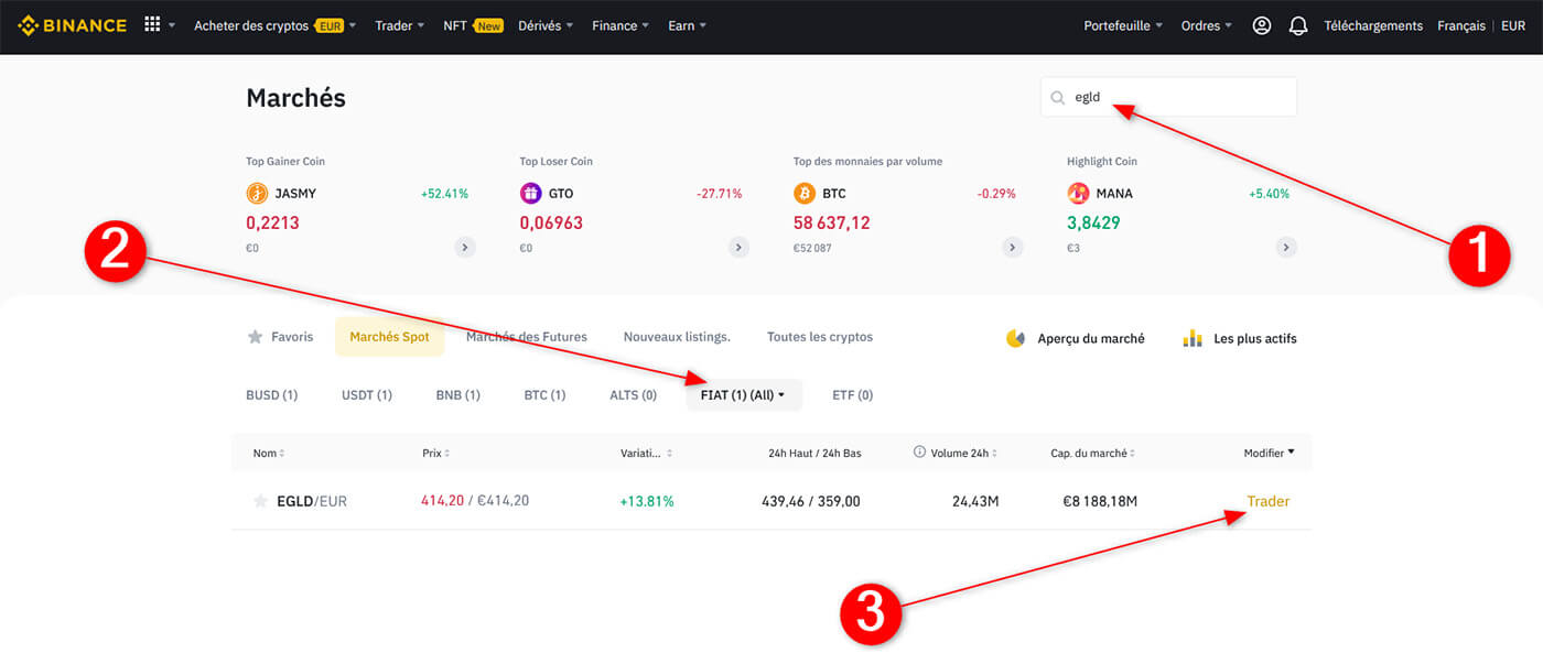 Recherche paire trading EGLD eGold Binance