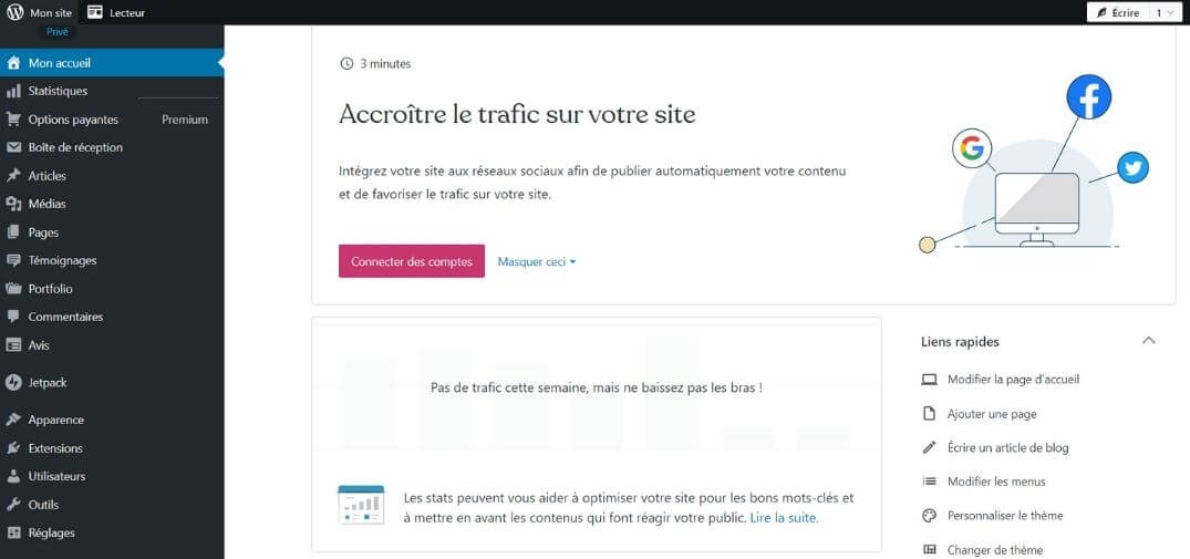 Tableau de bord WordPress