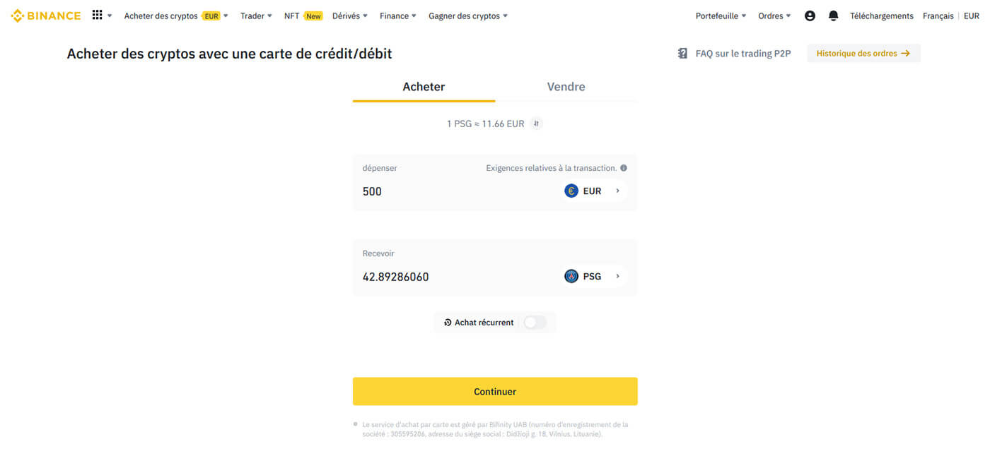 Achat Paris Saint-Germain Fan Token Carte Binance