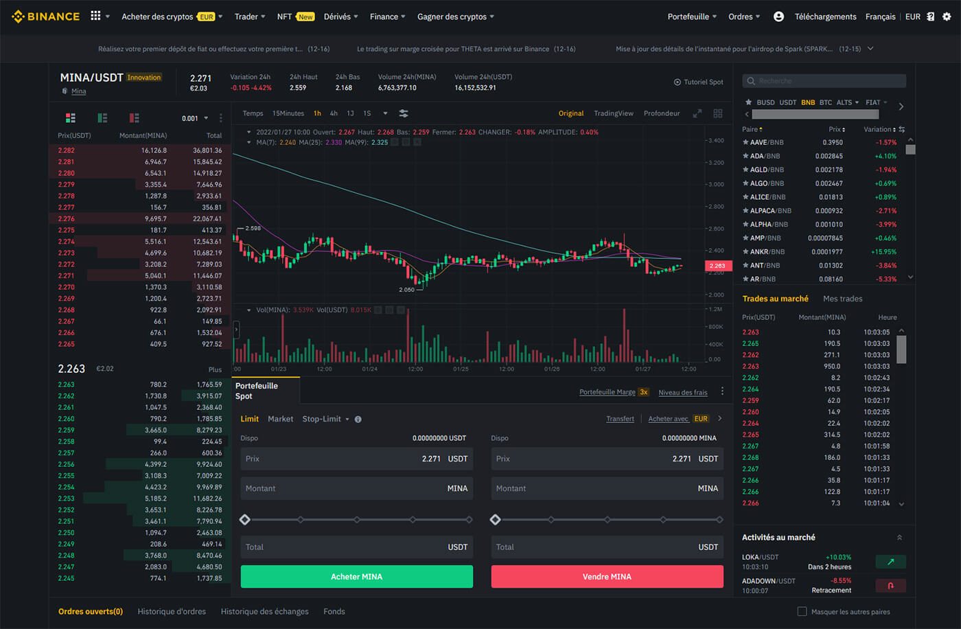 Acheter crypto-monnaie Mina Binance