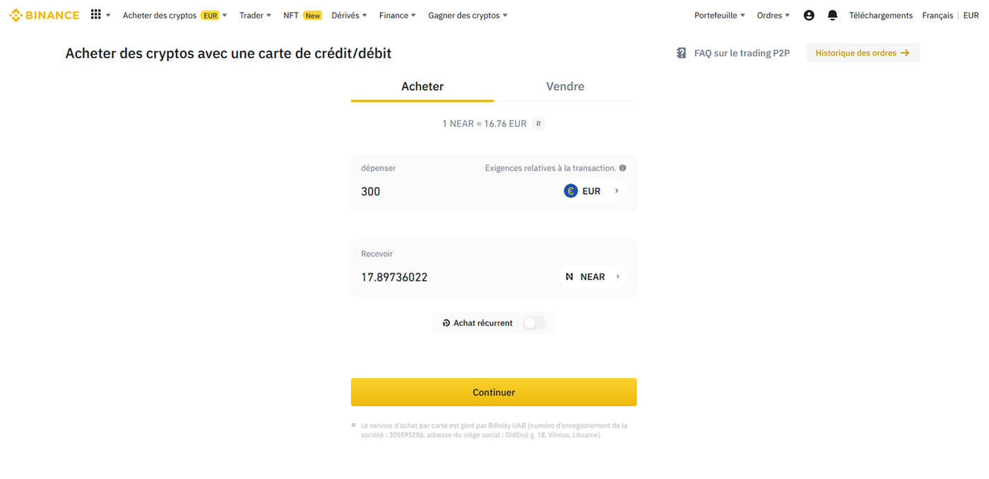 Acheter NEAR carte bancaire Binance