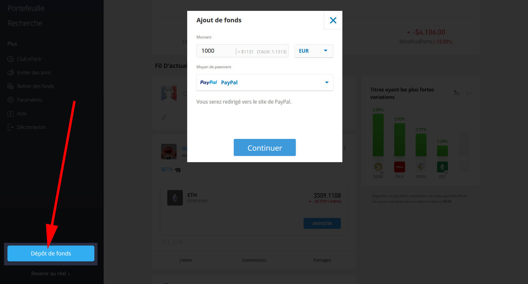 Dépot fonds PayPal eToro