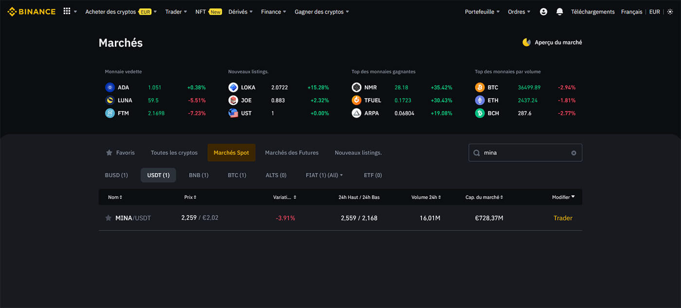 Trading Mina Binance