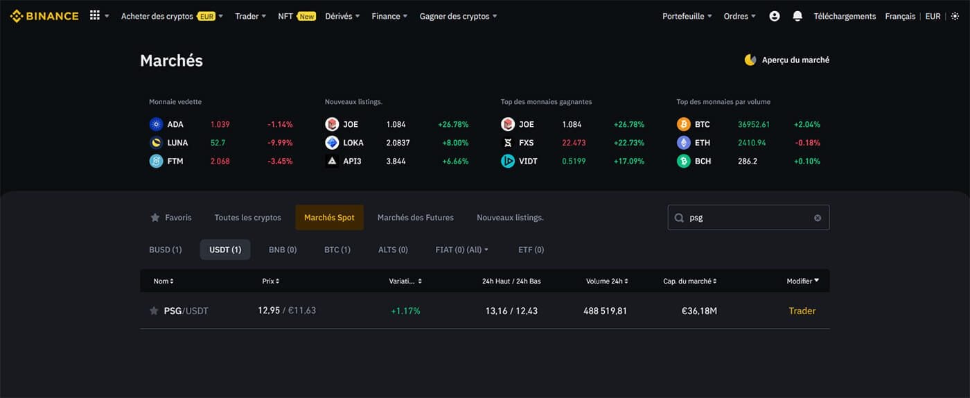 Trading PSG Fan Token Binance