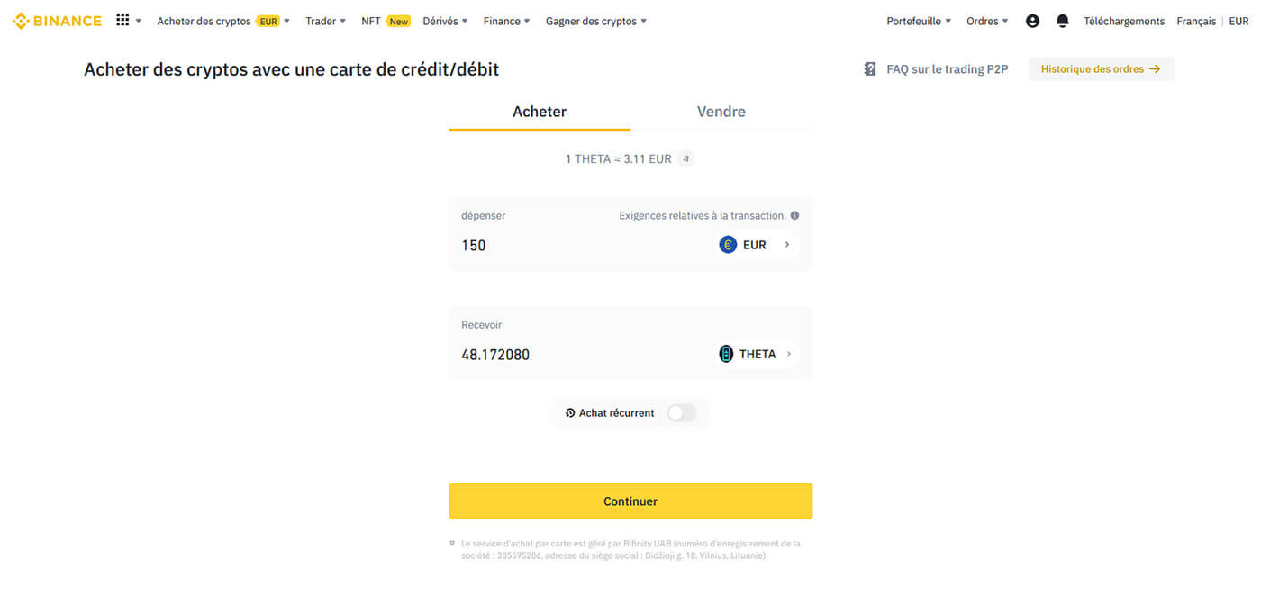 Acheter THETA Binance Carte bancaire