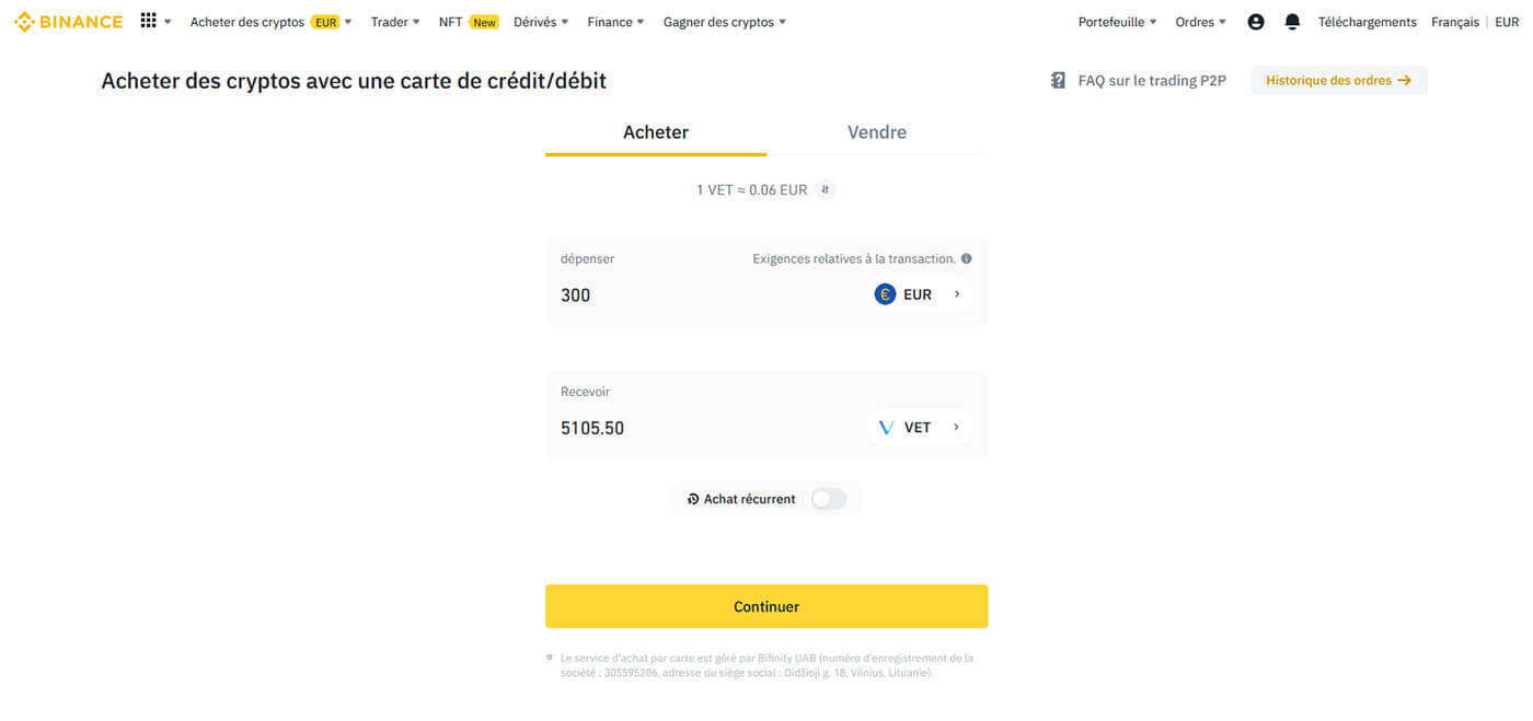 Acheter VeChain Carte bancaire Binance