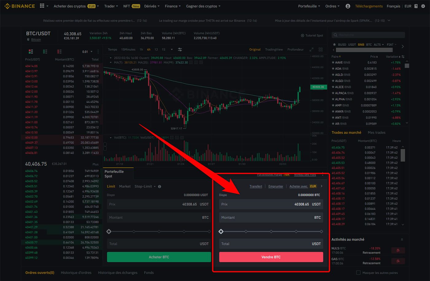 Vente crypto Bitcoin Binance