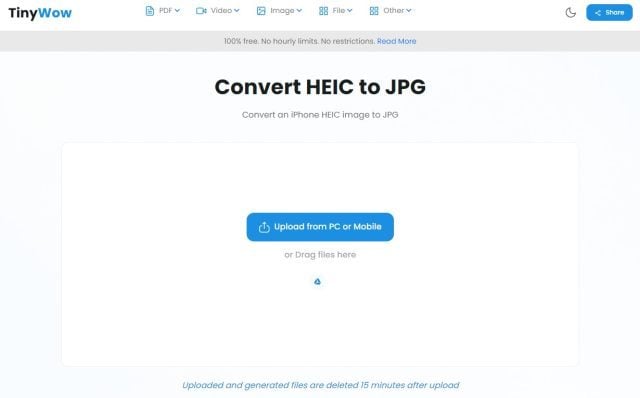 Convertir HEIC en JPG via TinyWow