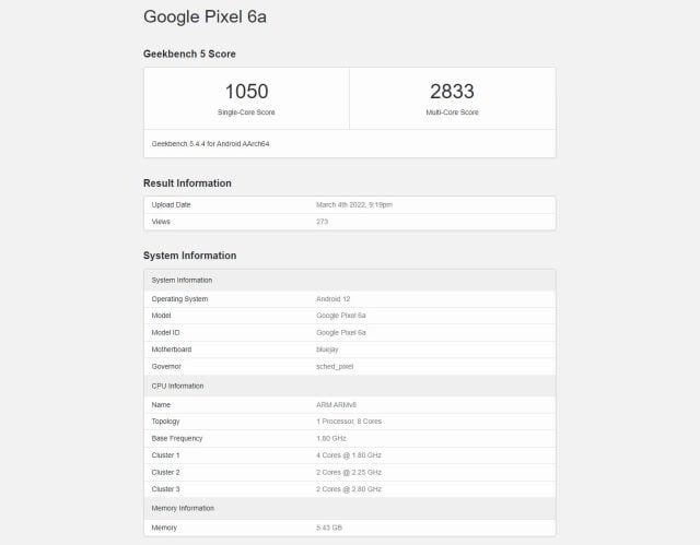 Google Pixel 6a Geekbench