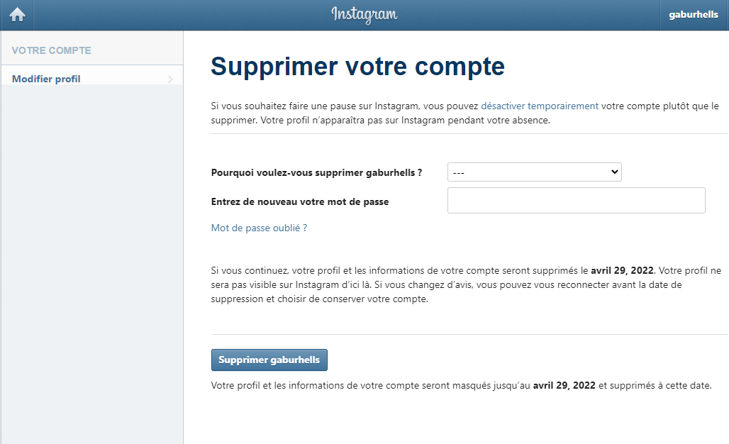 Supprimer compte Instagram 2