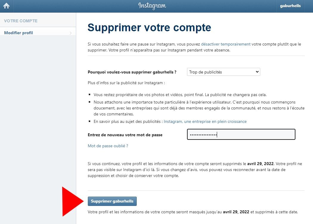 Supprimer compte Instagram 2