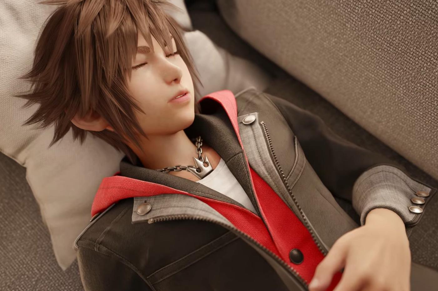 Sora from the Kingdom Hearts saga asleep on a sofa in the new Kingdom Hearts 4 trailer