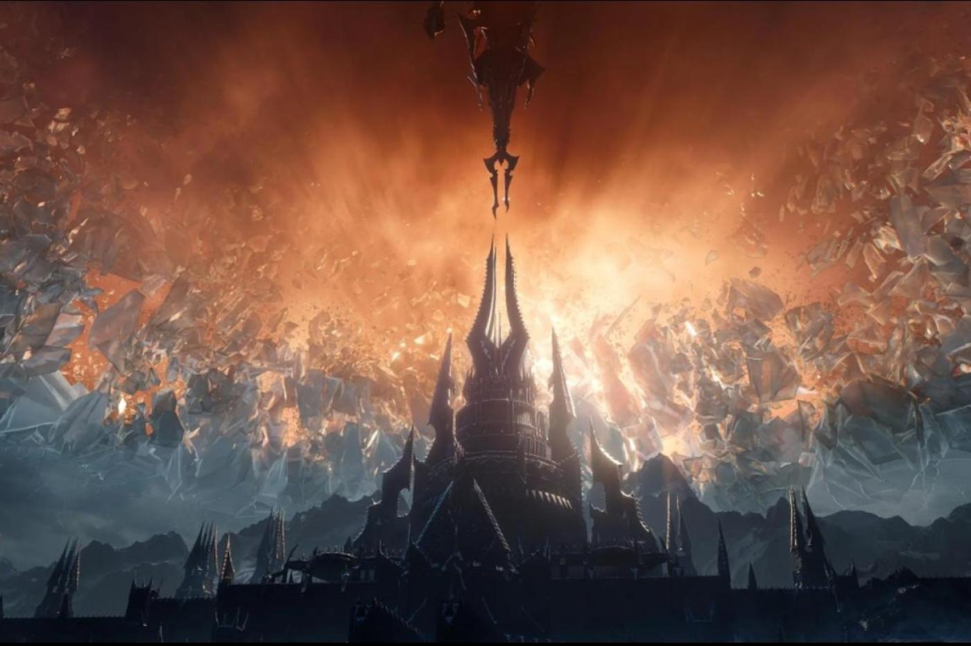 Image tirée d'une cinématique de Shadowlands montrant l'ouverture des Shadowlands et une citadelle