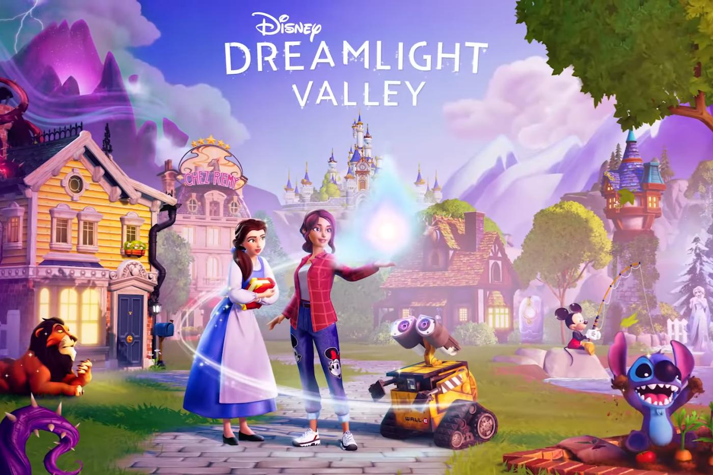Image promotionnelle de Disney Dreamlight Valley montrant un protagoniste du jeu avec Belle, Wall-E, Mickey, Stitch et d'autres personnages Disney