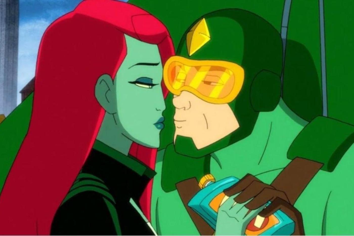 Capture d'écran de la série Harley Quinn ou Kite Man essayer d'embrasser Poison Ivy