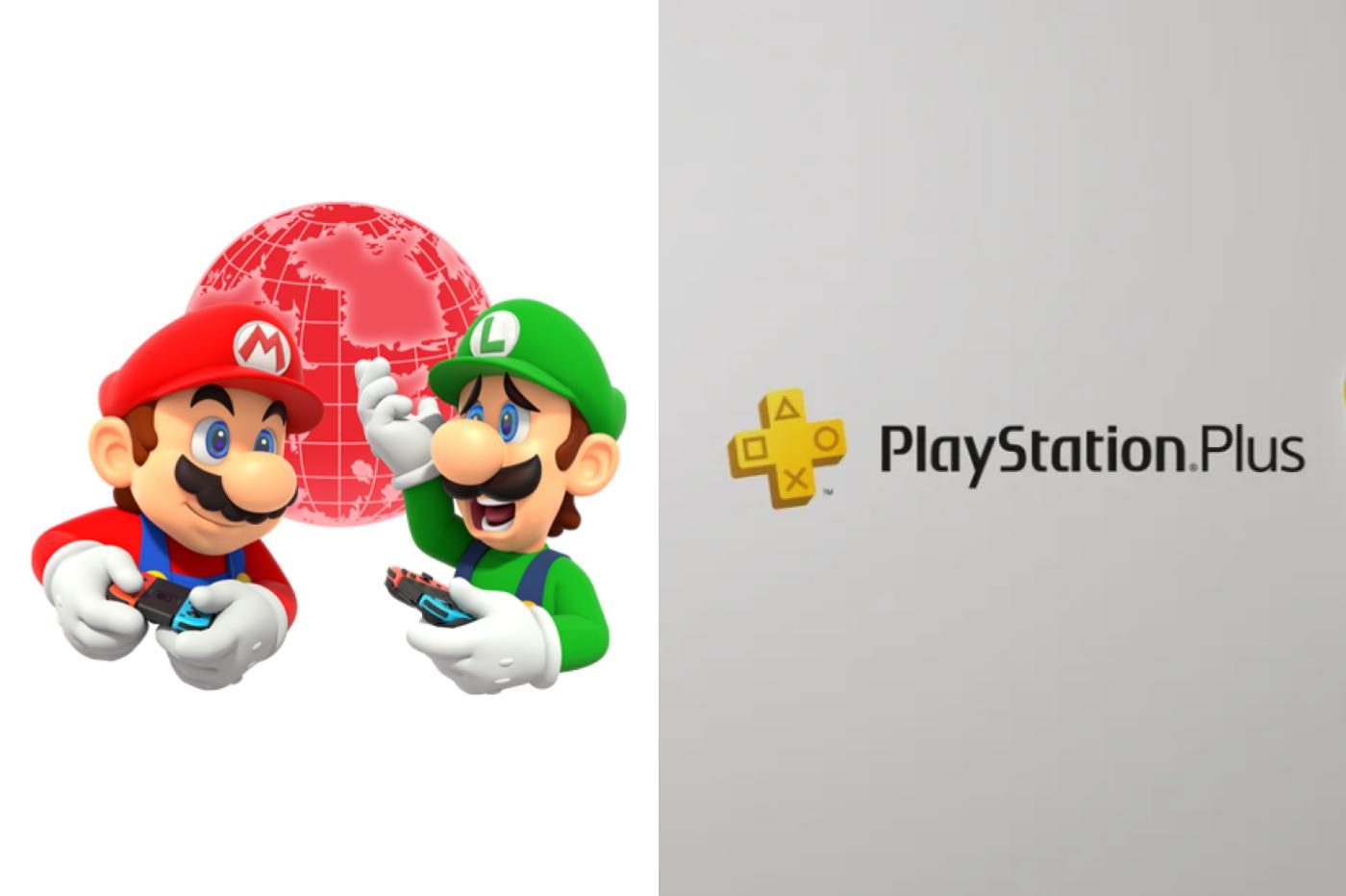 Logo du Switch Online avec Mario et Luigi et logo du Playstation Plus