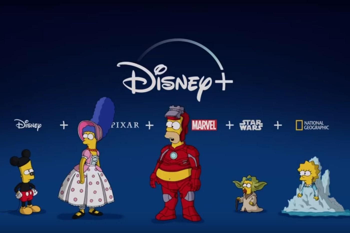 image promotionnelle les simpson pour Disney+ avec homer en iron man, marge en la bergère de toy story, maggie en yoda, lisa en elsa et bart en mickey