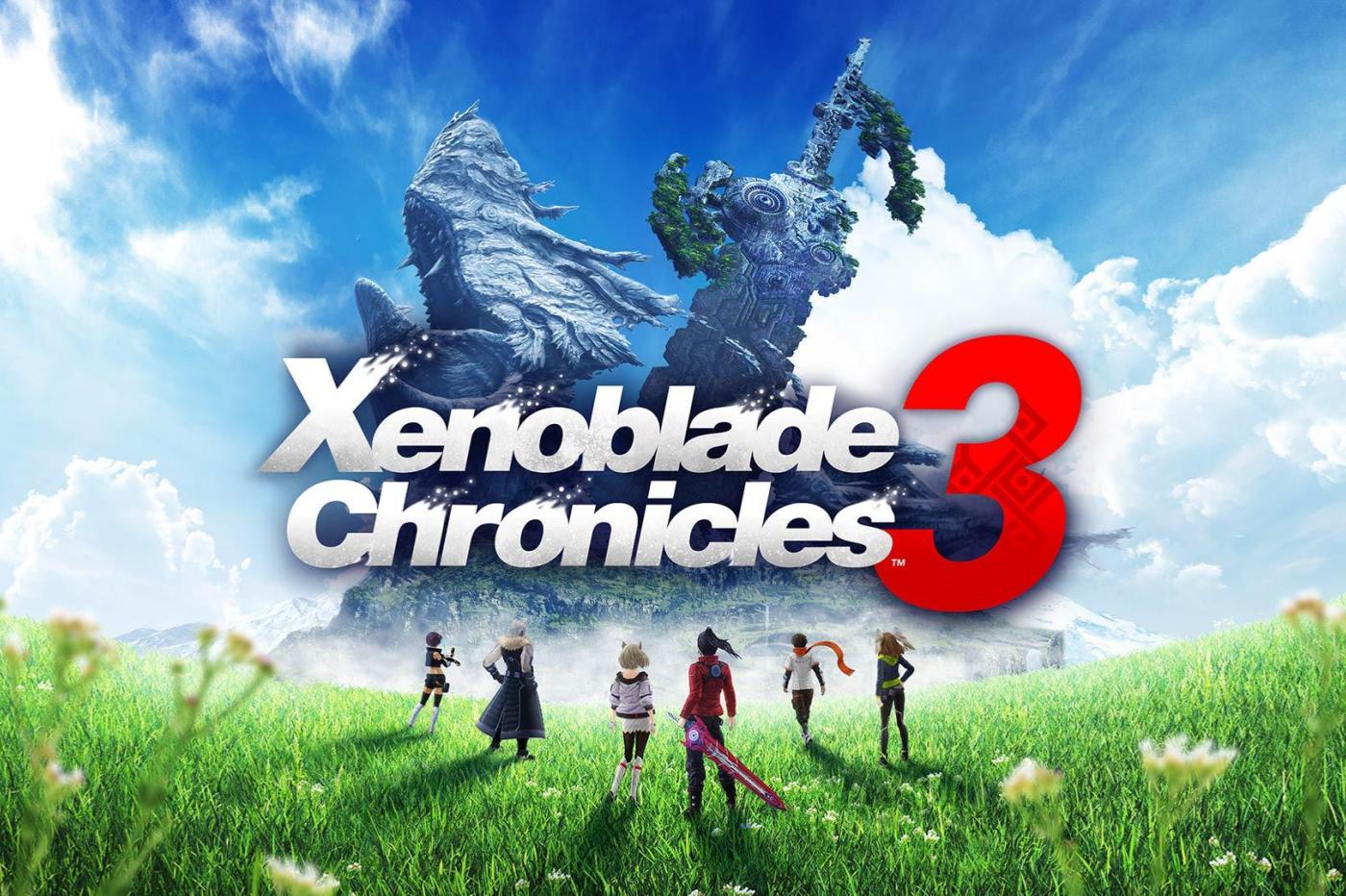 Image promotionnelle de Xenoblade Chronicles 3 avec les héros debout dans une plaine devant deux grandes structures en forme de créature
