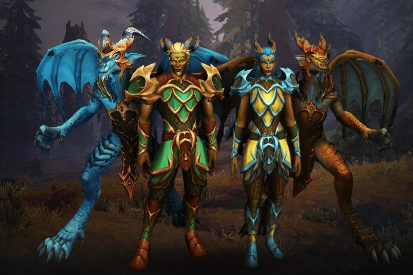 Image promotionnelle de la nouvelle race de World of Warcraft montrant leur forme humanoide et leur forme draconique