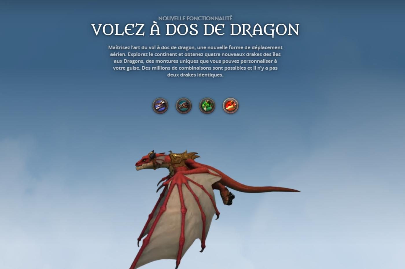Promotional image for new WoW mounts explaining the 4 types of dragons and showing a red dragon in flight