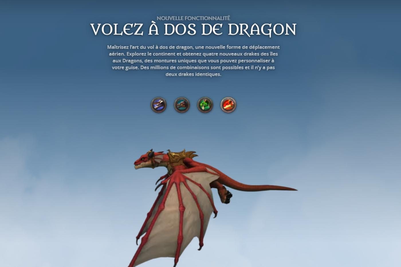 Image promotionnelle des nouvelles montures de WoW expliquant les 4 types de dragons et montrant un dragon rouge en plein vol