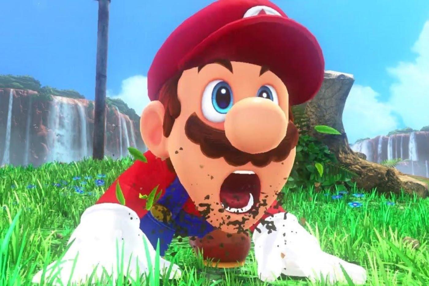 Capture d'écran de Mario Odyssey avec Mario au sol montrant un air surpris