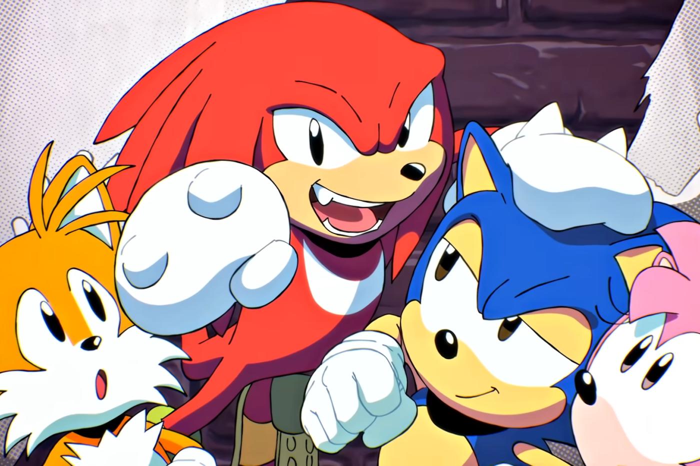 Capture d'écran du trailer de Sonic Origins, avec Tails, Knuckles qui embête Sonic et Amy qui les observe