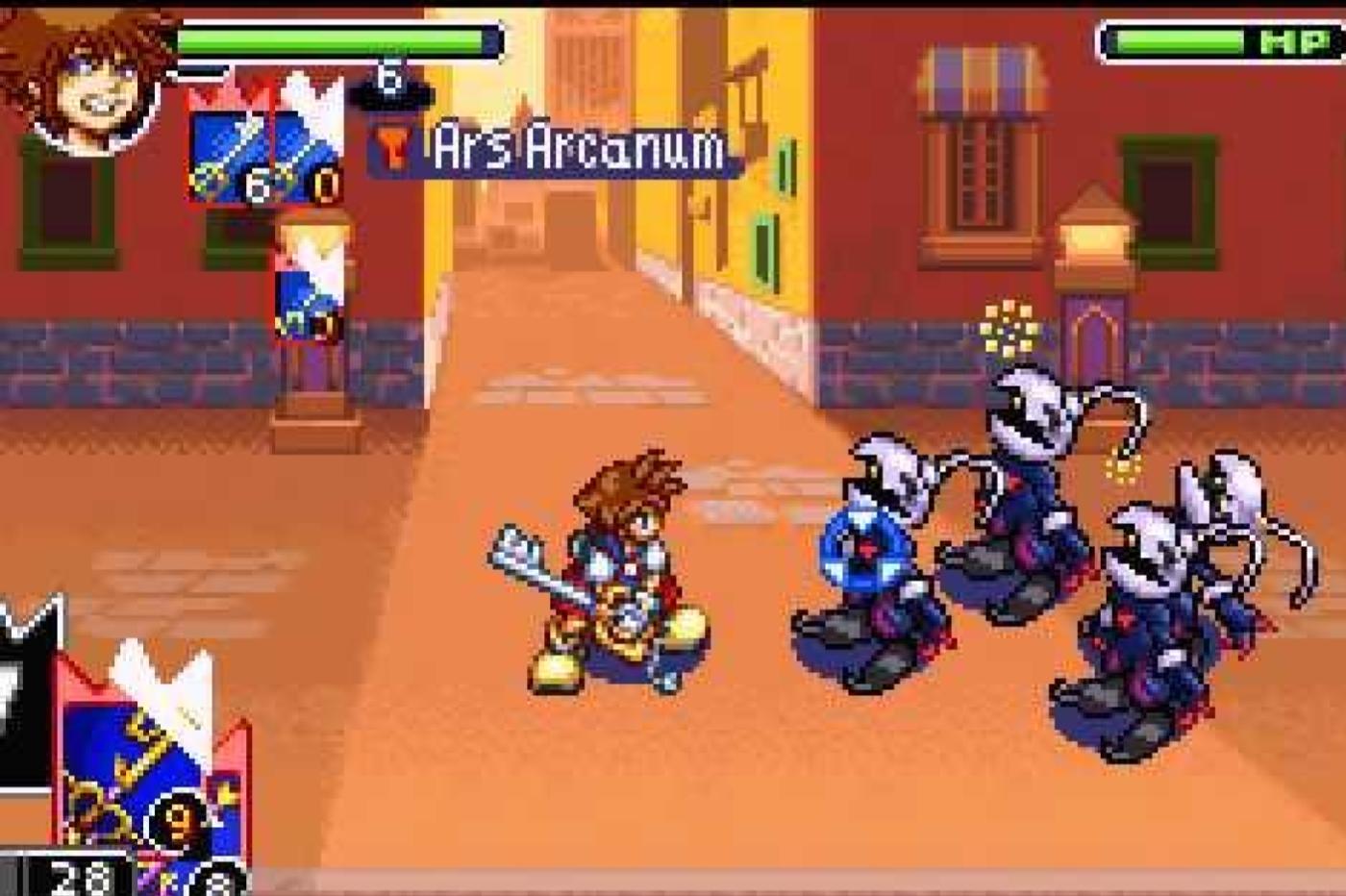 Screenshot from the Gameboy Advance version of Kingdom Hearts Chain of Memories featuring Sora in front of 4 stunned Heartless