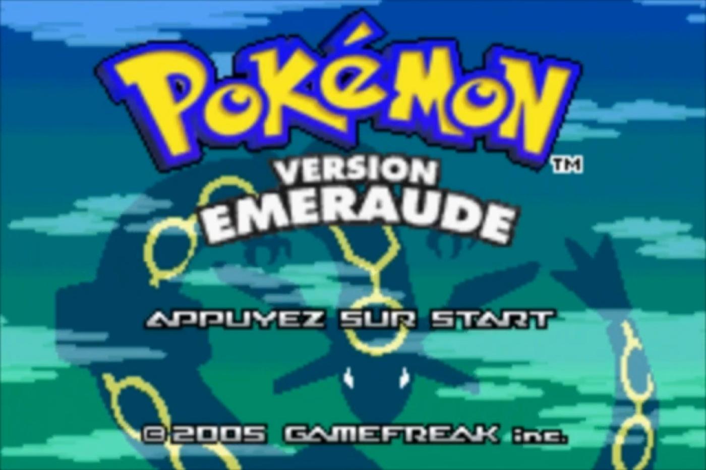 Pokémon Emerald home screen with Rayquaza's shadow