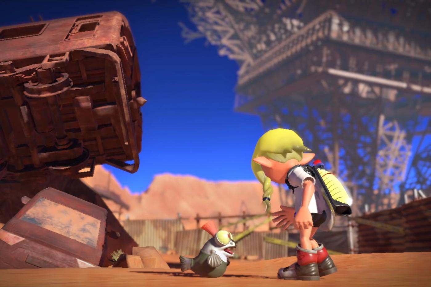 Capture d'écran de la première bande annonce de Splatoon 3 montrant la tour eiffel renversée et dévastée, avec une Inkling devant.