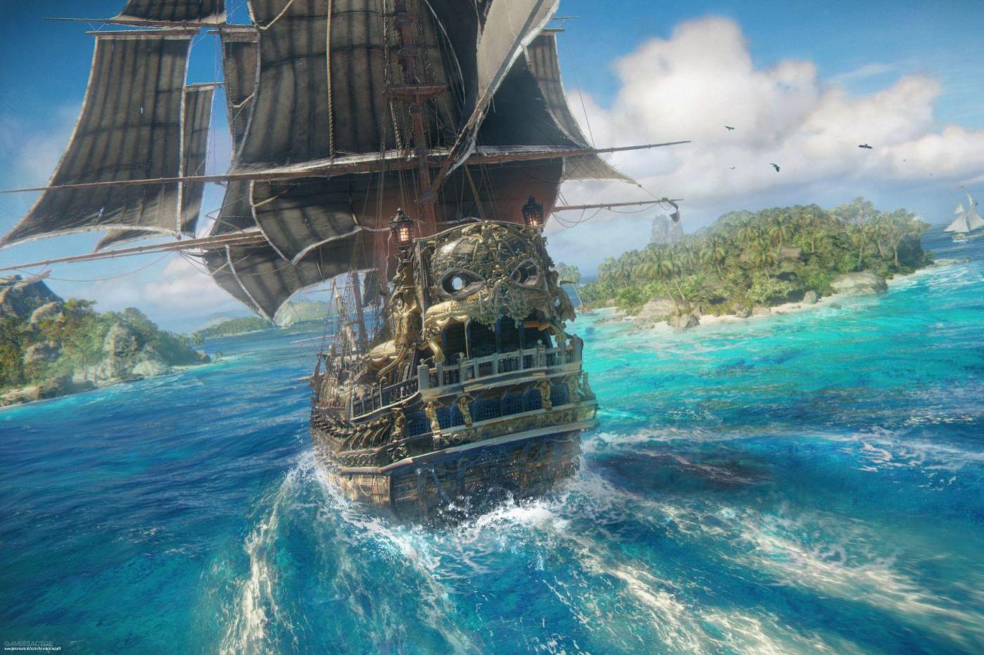 Image du jeu Skull and Bones montrant un bateau Pirates sur des eaux bleues en direction d'îles