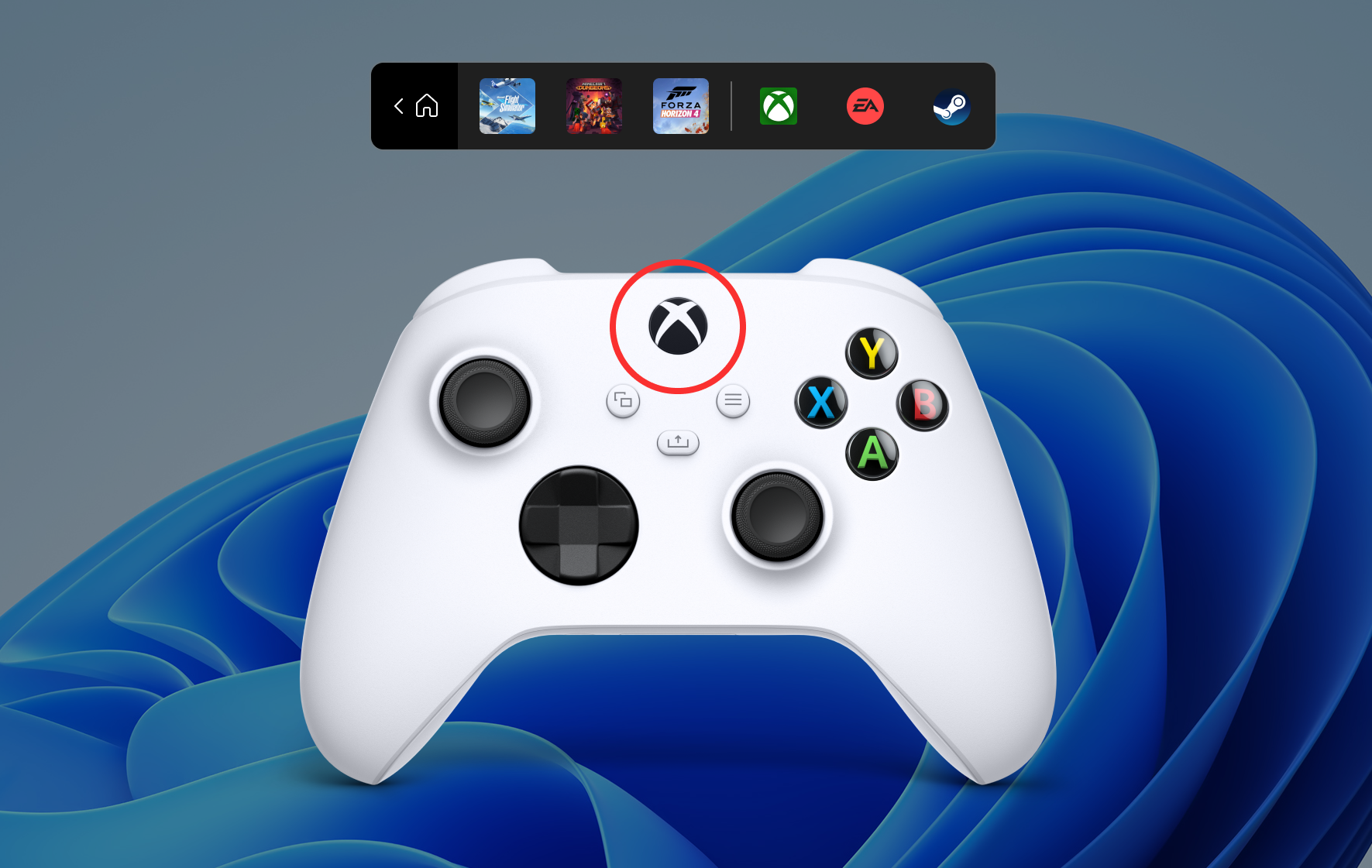 New game bar on Windows 11, Controller Bar, image of the new bar + an Xbox controller with the Xbox button circled